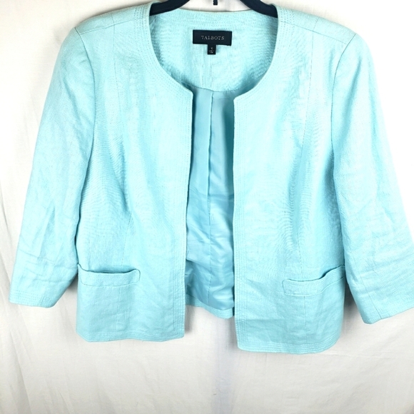 Talbot's Linen Blue Open Front Blazer With Pockets Sz 10 - Picture 2 of 10